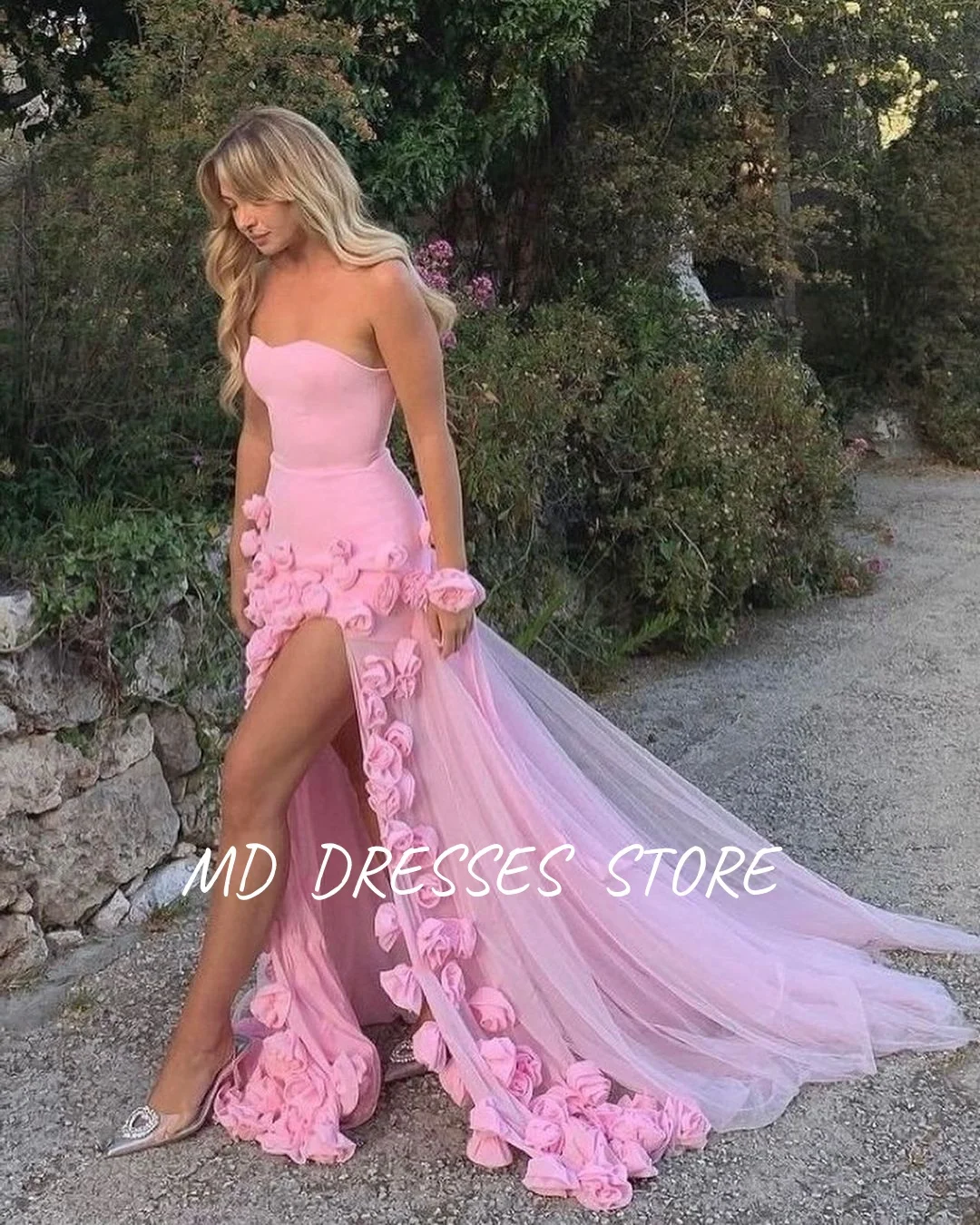 MD Modern Pink Abito da sera Spacco alto laterale Sweetheart A-line con fiori fatti a mano Prom Down abiti da festa Personalizzato 2025