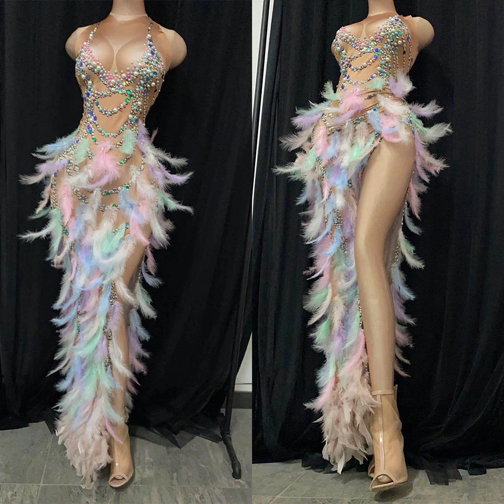 

Women Shining Rhinestone Colorful Feathers Dress Multicolored Pearls Stage Costume