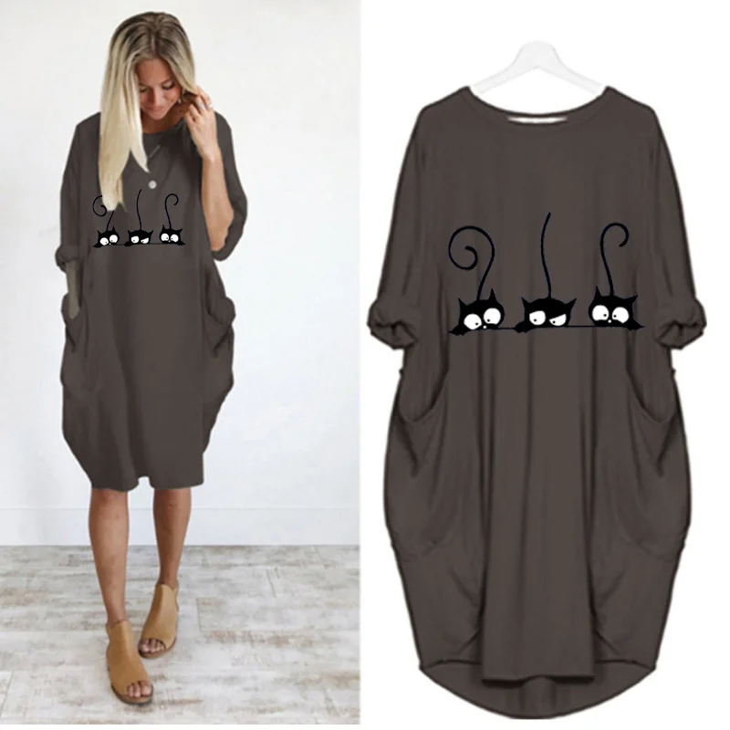 2022 Pocket Loose Woman Dress Vintage Fall Midi Clothes Party Casual Pregnant Korean Fashion Clothes Kawaii Cat Cartoon Dresses