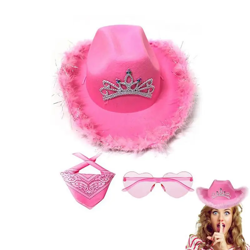 Cow Boy Hat Felt Cowgirl Hat For Women With Bright Colors Attractive Party Supplies Polyester Square Scarf Heart Glasses Set For