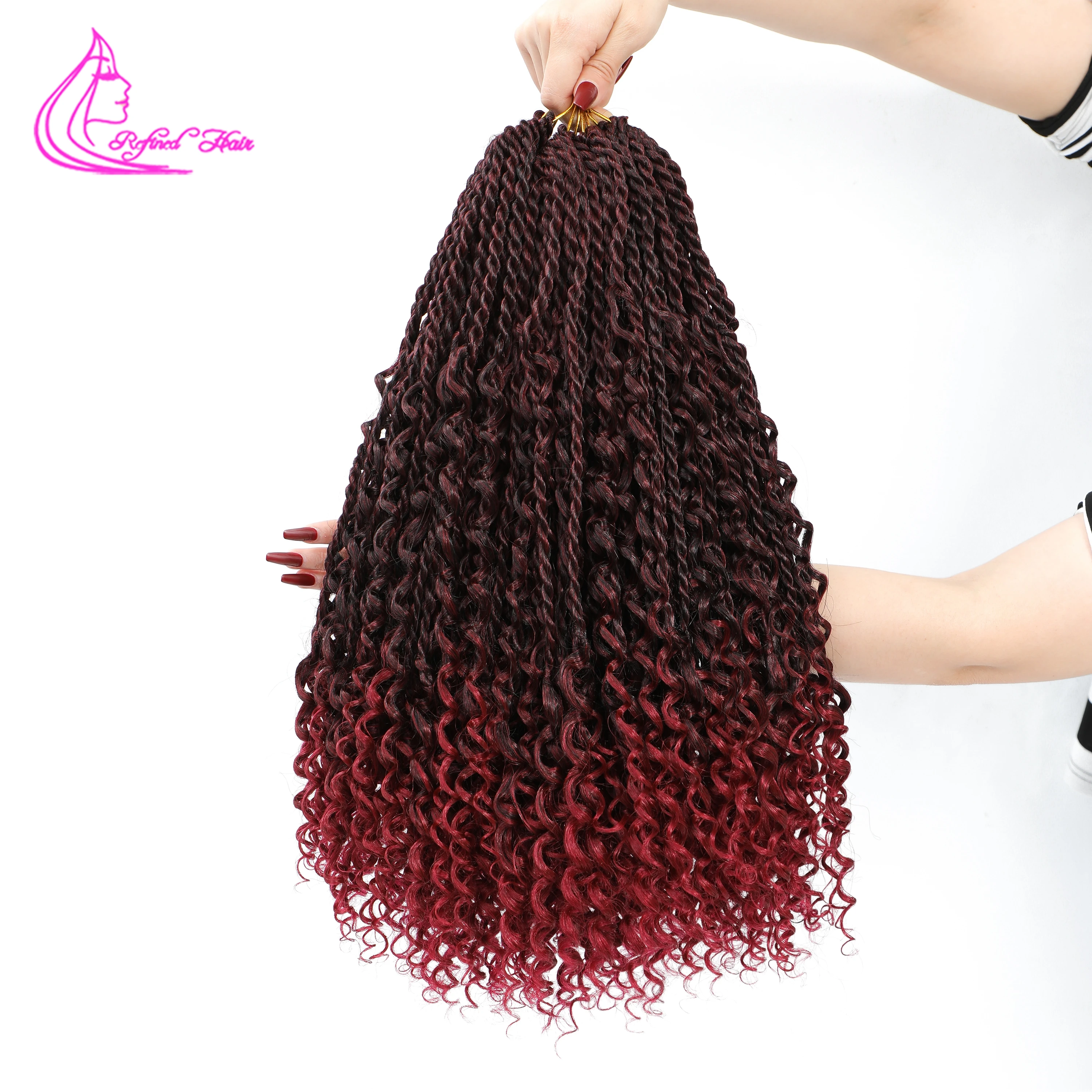 Synthetic Senegalese Twist Braids Ombre Burgundy Crochet Goddess Curly Ends Twisted Braids Pre-looped Braiding Hair Extensions