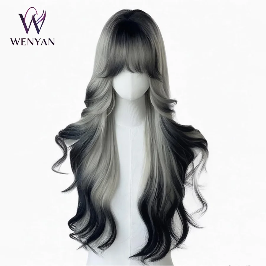 

26inch Gray Black Gradient Wig Women Long Wavy Hair with Bangs Heat Resistant Synthetic Fiber Wig for Fancy Party