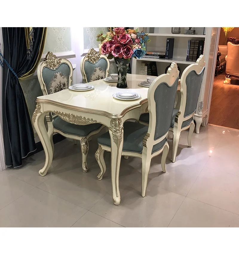 

European style dining table and chair combination white simple rectangular fabric dining table and chair combination supporting