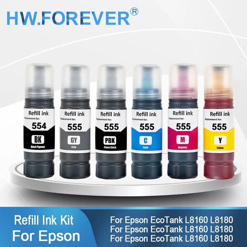 554 555 T555 Dye Refill Ink Water-based Dye Ink For Epson EcoTank L8160 L8180 Printers Compatible Bottle Refill Ink Kits