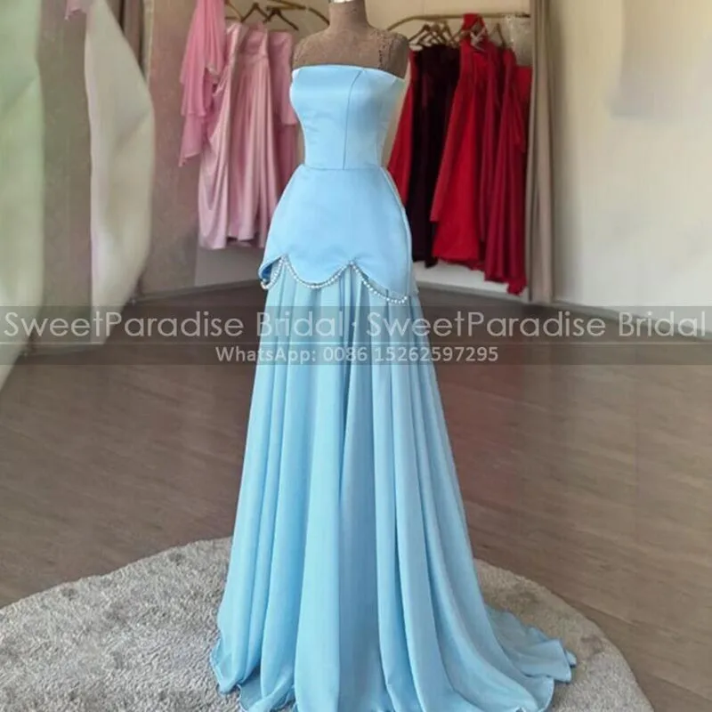 

Customized Long Evening Dress With Beaded Strapless Pleat A Line Blue Chiffon Prom Dresses Party Formal