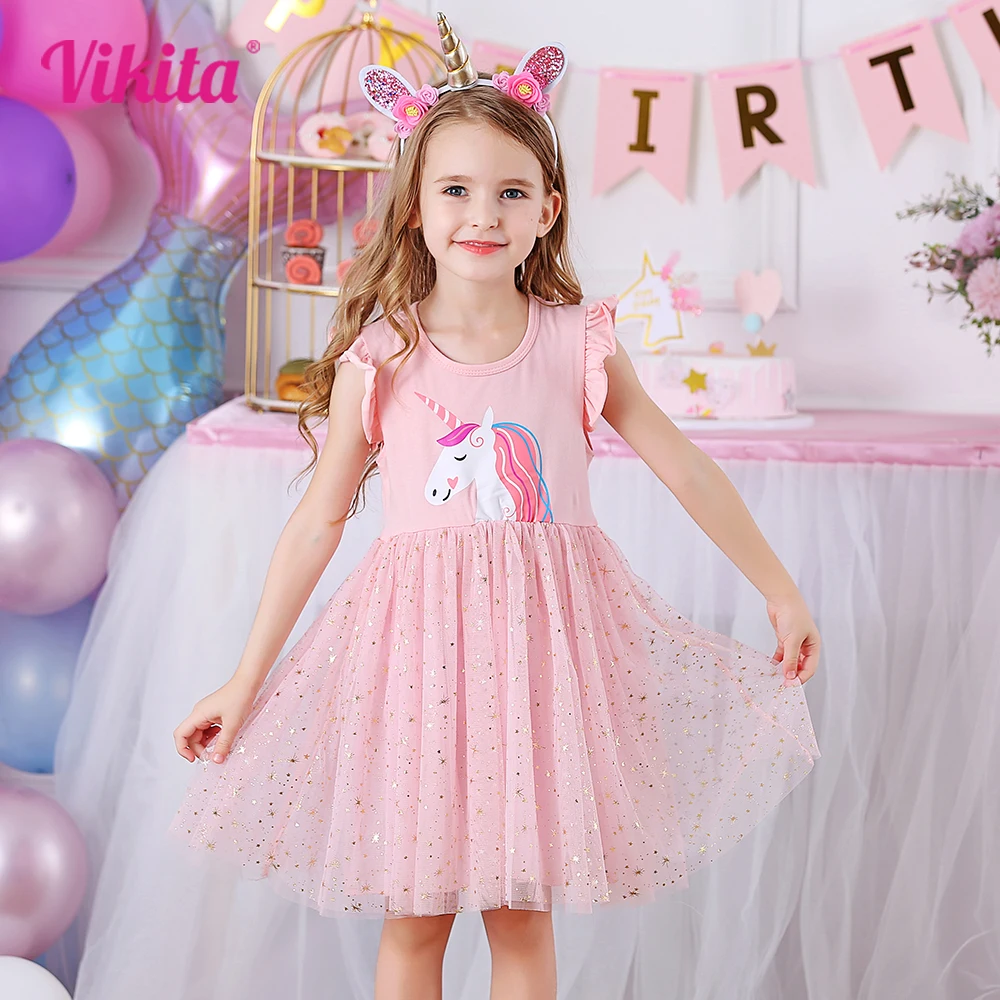 VIKITA Girls Clothes for Summer Princess Dresses Flying Sleeve Kids Dress Unicorn Party Baby Dresses for Children Clothing 3-8Y