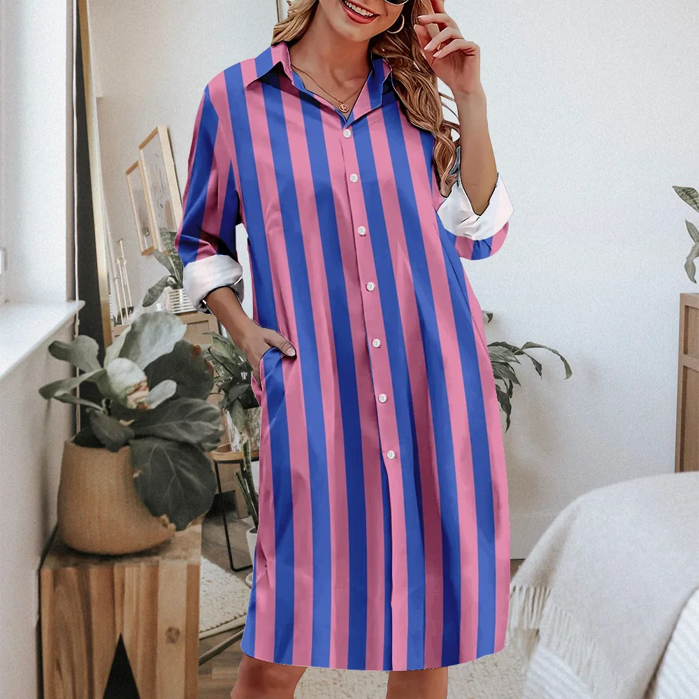 Women\'s Summer Refreshing Simple Casual Dress Vertical Stripes Color Long Skirt Lapel Shirt Dress Home Comfort 2024 Latest Model