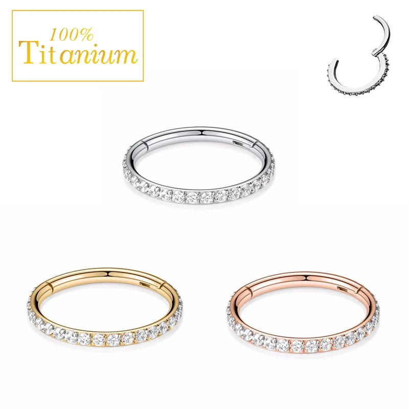 G23 Titanium Cubic Zirconia Nose Rings Cilcker Conch Helix Cartilage Piercing Earrings 6/7/8/9/10/11/12/14mm Hinged Segment Hoop