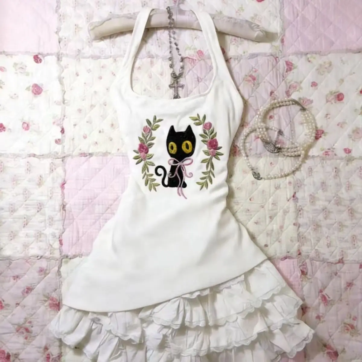 Sweet Girl Summer Cat Print Halter Top 2000s Women Clothes Harajuku Sexy Irregular Cuteore Tank Top Fashionable Girdling Camis