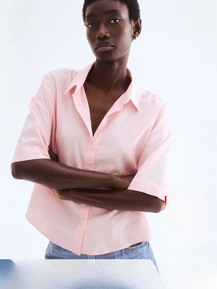 

Женская повседневная свободная рубашка H&M из льняной смеси, весенняя новинка, модель 256936, удобная, с коротким рукавом и отложным воротником