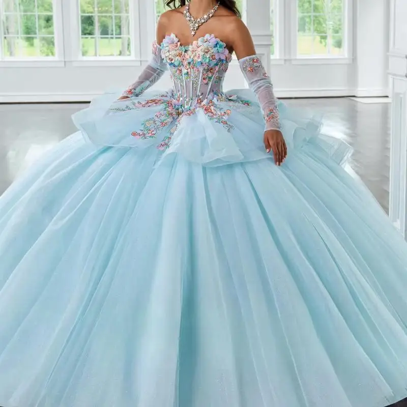 Модное светло-розовое бальное платье принцессы Quinceañera, платья с 3D цветами и блестками, блестящее платье для выпускного вечера для 15-го девочек по индивидуальному заказу