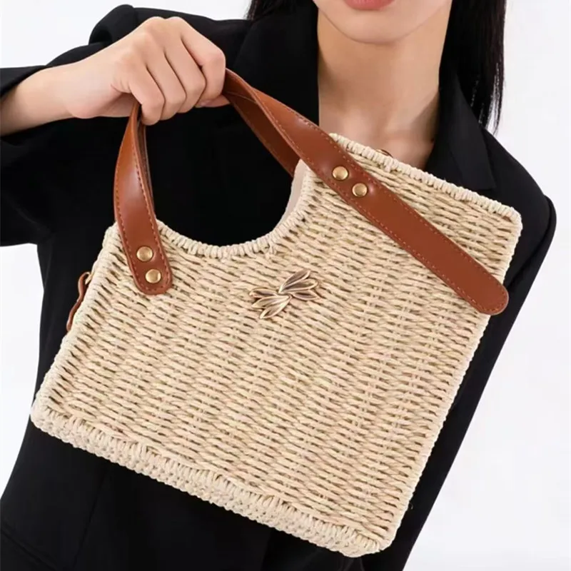 

Summer Beach Boho Straw Woven Tote Bag, Handmade Raffia Shoulder Bag with Detachable Strap, Perfect for Summer Beach & Daily Use