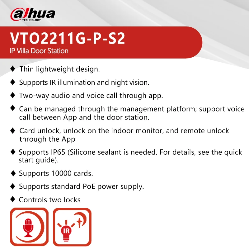 Dahua 2MP IP Villa Door Station VTO2211G-P-S2 PoE Two-way Talk Doorbell IR Night Vision Card/APP Unlock Video Intercom
