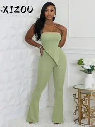 XIZOU Ribbed Basic Women Tracksuit 2 Piece Set Stretch Irregular Tube Tops+Flare Trousers Skinny Simple Matching Outfits