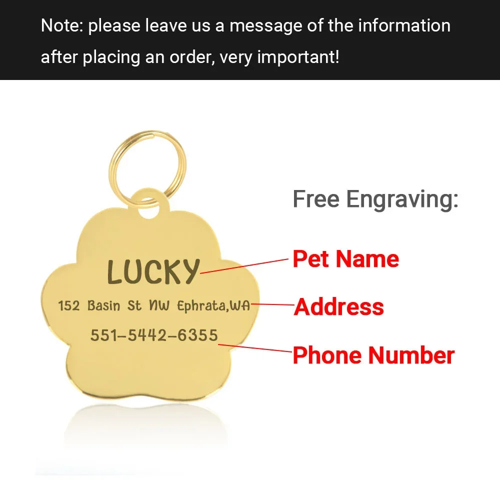 Personalized Collar Pet ID Tag Custom Free Engraved Cat Dog Puppy Name Necklace Gold Paw Glitter Pendant Pet Accessories 3CM