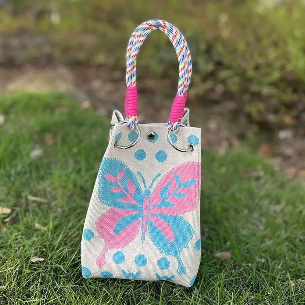 Portable Cartoon Knitted Bucket Bag Handmade Large Capacity Wrist Bag Woven Ring Buckle Handbag for Women Girls view 4