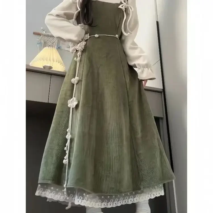 

Women's 2025 New Autumn Korean Style Long Sleeve Base Shirt Tops Waist Cinching Slim Effect Shoulder Strap Dresses Two-piece Set