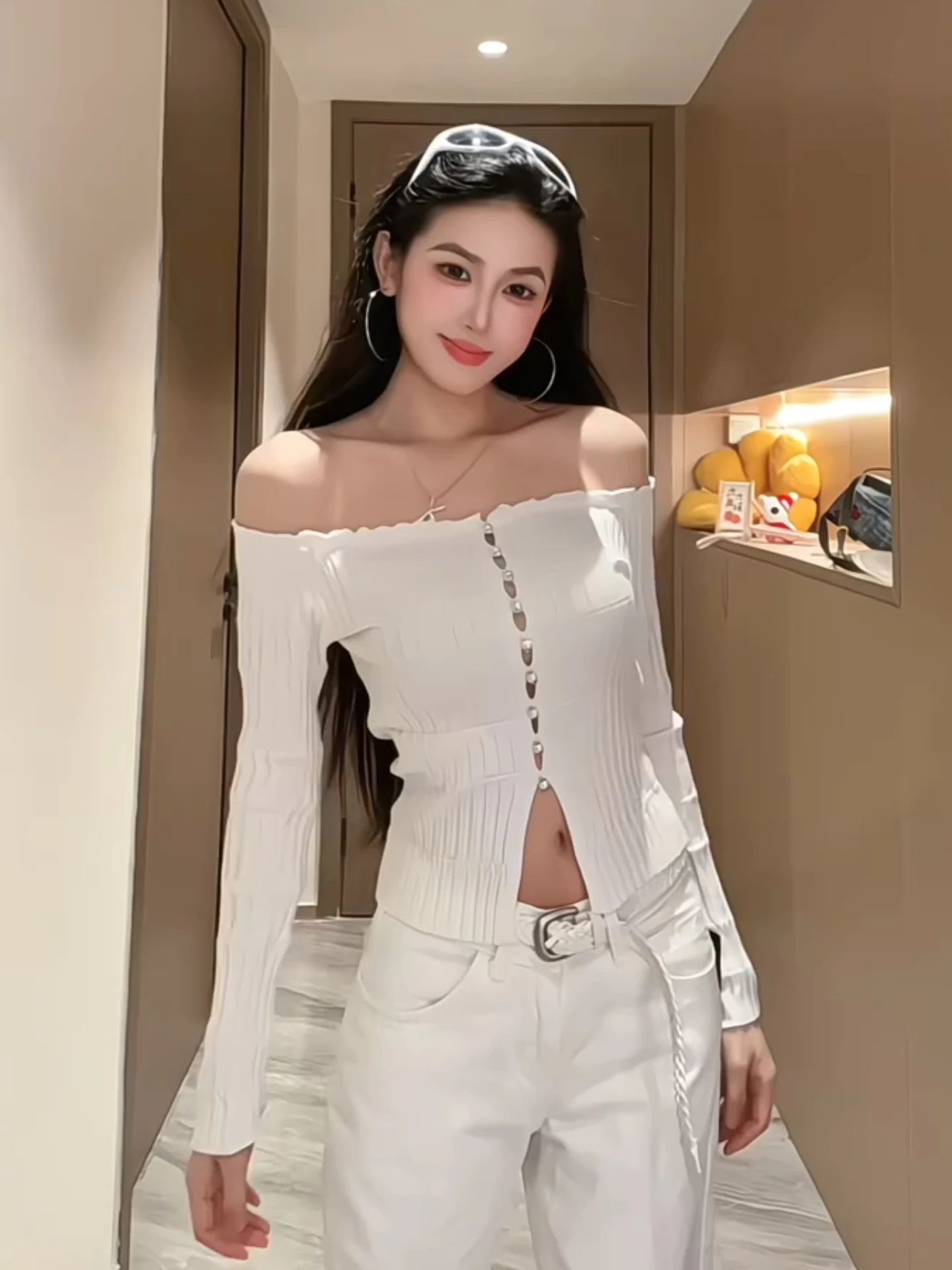 

Slim Fit Knitted Hollow out oulder Bared Base irt Korean Sle Commute Faion Women's Long Sve Elastic Neline Top