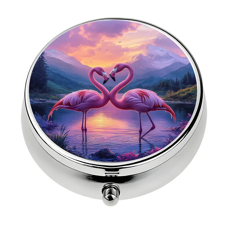 1 metal 3-compartment flamingo pink heart-shaped pill box - Cute flamingo and Lake Kissimmee design pill box, with Spanish lake name tag, portable medicine box, unique gift idea