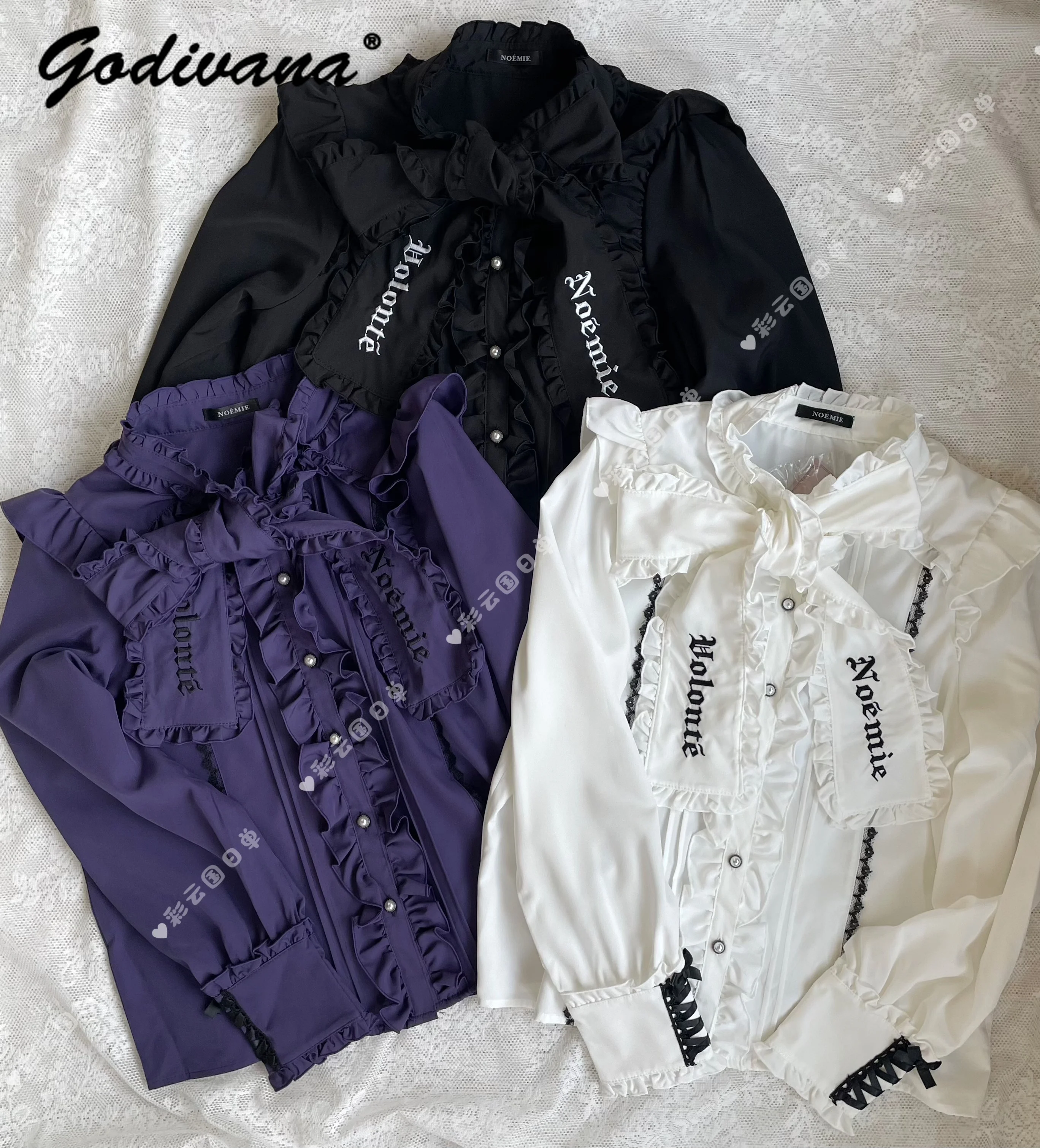 고딕 스타일 러플 레이스업 칼라 보타이 대량 생산 긴팔 셔츠 레터 자수 여성 블라우스 셔츠