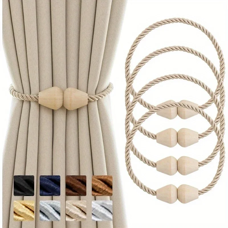 4pcs Magnetic Curtain Tiebacks Wooden Bead Curtain Rope Holdbacks Multicolor Curtain Buckle Accessory Home Decor