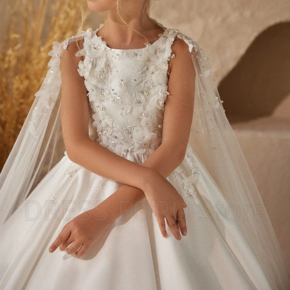 Vestido de Flor Exquisite Marfim Feminino, Pescoço Decote com Aplique, Manto de Tule, Até o Chão, Linha A, Concurso Infantil, Vestido de Festa de Casamento