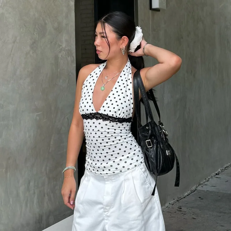 Cross-Border Lace Trim Slim Fit Bal Ne Hanging Vest Pure Desire Spotted Color Blo Knitted Tube Top for Women