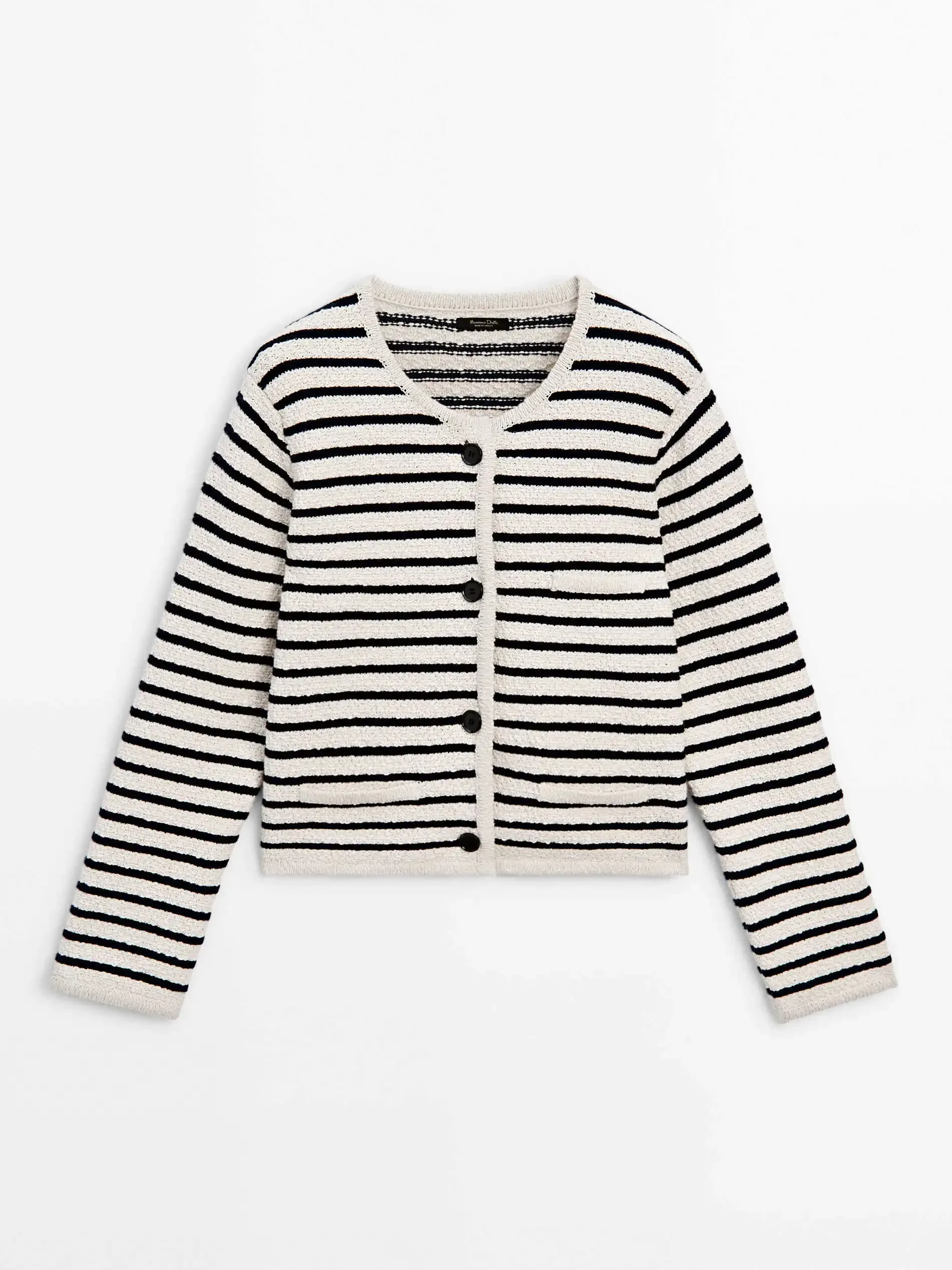 

Эфирный костюм 2025 года, зима Massidutt, новый стиль, женский повседневный полосатый короткий свитер с круглым вырезом, вязаный кардиган, пальто