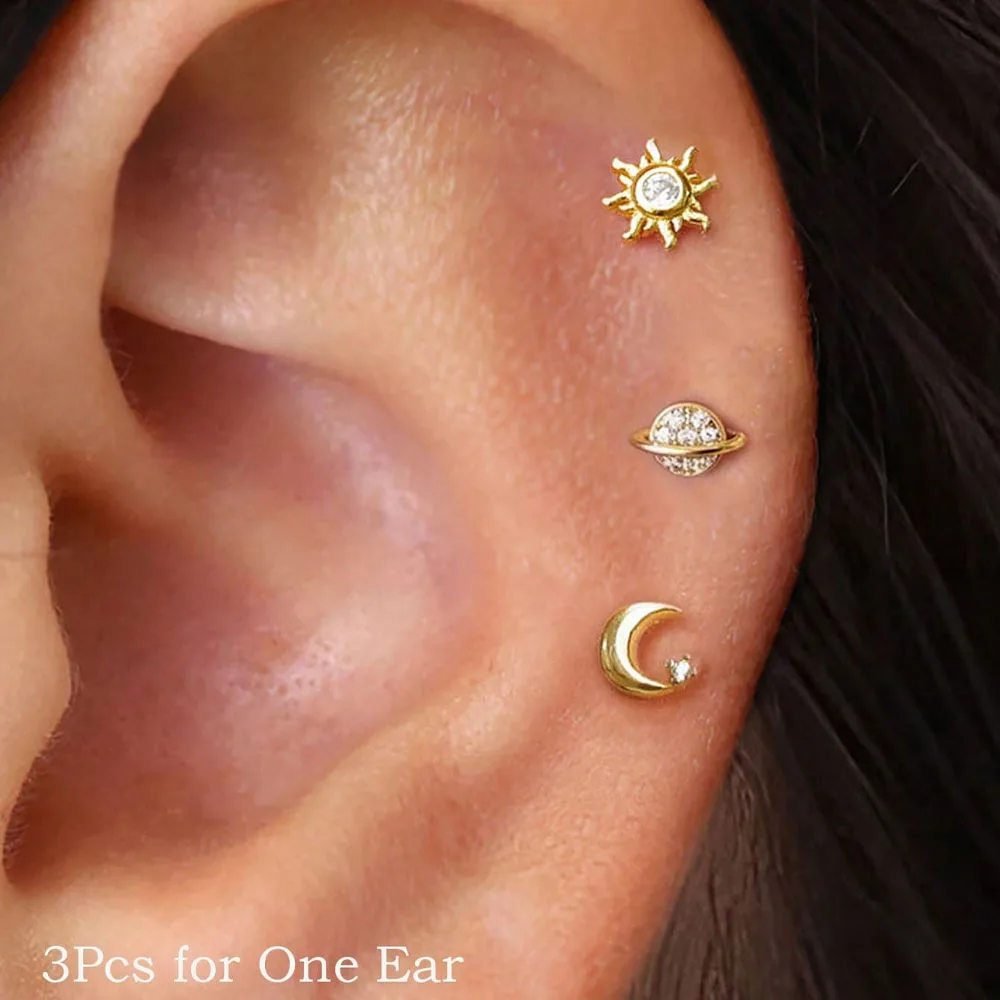 3 Stück Edelstahl-Ohrstecker mit Stern, Mond und Sonne für Damen, einfacher Alltagsgebrauch, Knorpelpiercing-Ohrring, Punk, Unisex, Rock-Schmuck