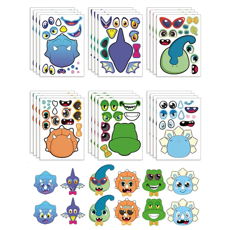 6-24Sheets DIY Make a Dinosaur Stickers Children Puzzle Games Toys Classic Face Jigsaw Stickers Kids Boys Girls Birthday Gifts