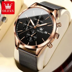 OLEVS Men's Watch Luxury Stainless Steel Quartz Wristwatch Male Mesh Belt Luminous Waterproof Chronograph Watches for Men Clock