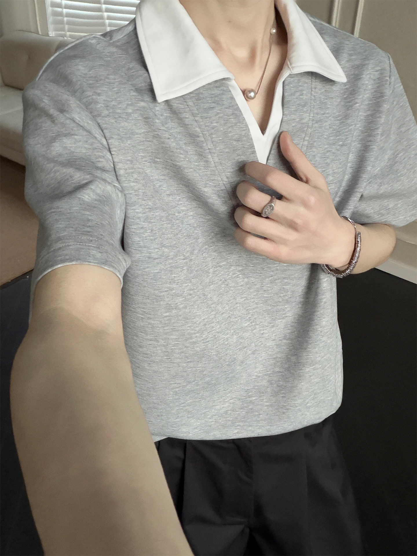 

Мужская летняя футболка свободного кроя с V-образным вырезом и коротким рукавом, новинка, модный бренд, американский стиль, с отложным воротником