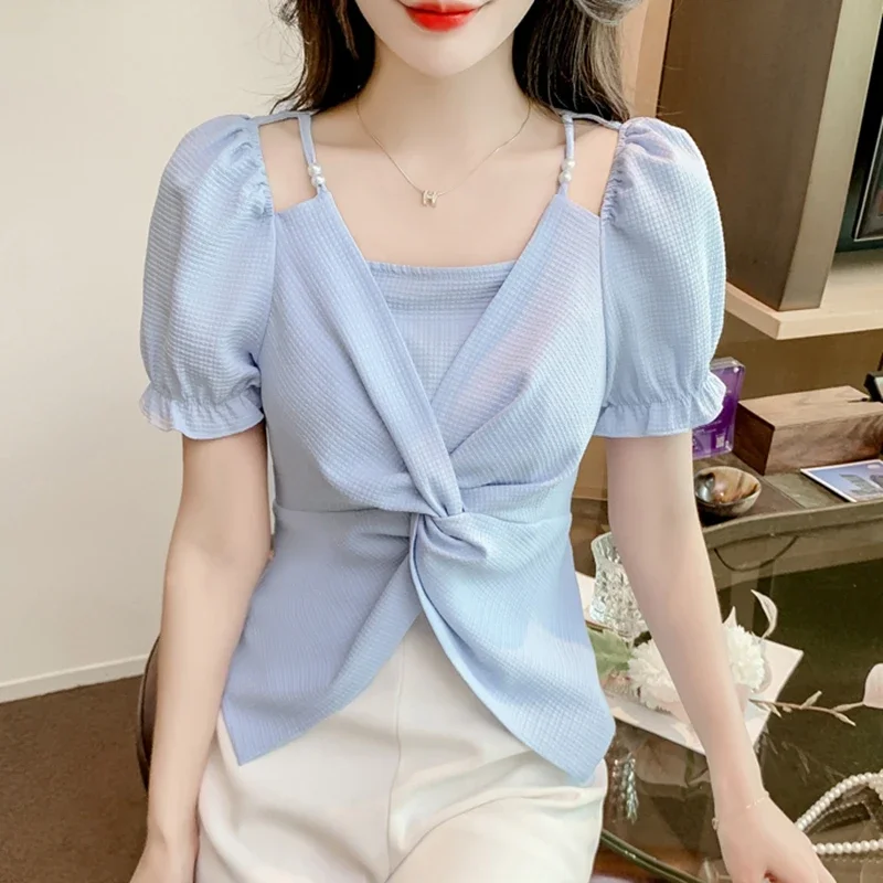 Women Summer Chiffon Blouses Casual 2024 Korean Fashion Clothes Puff Sleeve Crop Tops Sexy French Slim Elegant Ladies Shirts Y2k