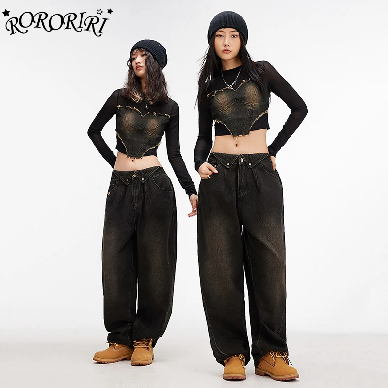 RORORIRI Fake-2-piece Denim Crop Top Women Sexy Sheer Mesh Stitch Raw Edge Long Sleeves T-shirt Skater Hiphop Grunge Streetwear