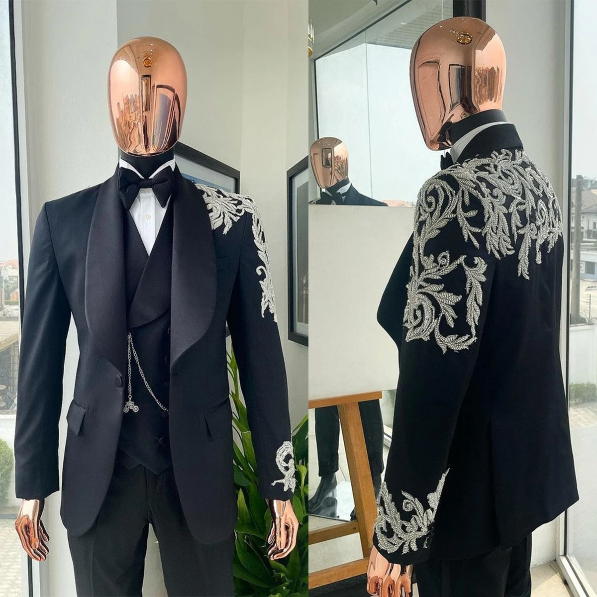 Fashion Cotton Wedding Men's Suit New Embroidered Decals Slim Fit 3-Pieces Tailor-Made Groom Formal Occasions Size Customized