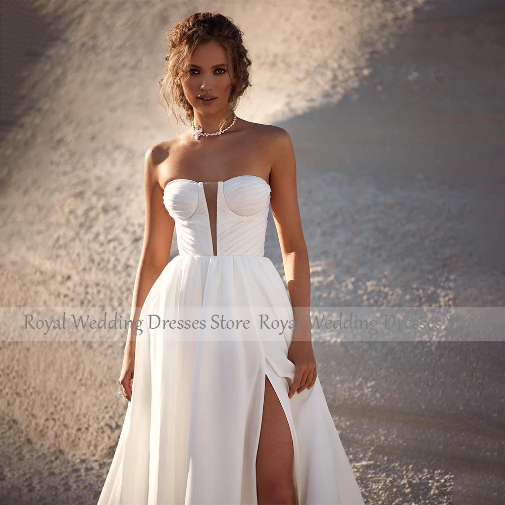 Vestidos de novia de playa para mujer, ropa de boda de Organza blanca con cuello de pico profundo, satén, abertura lateral, línea A, 2024