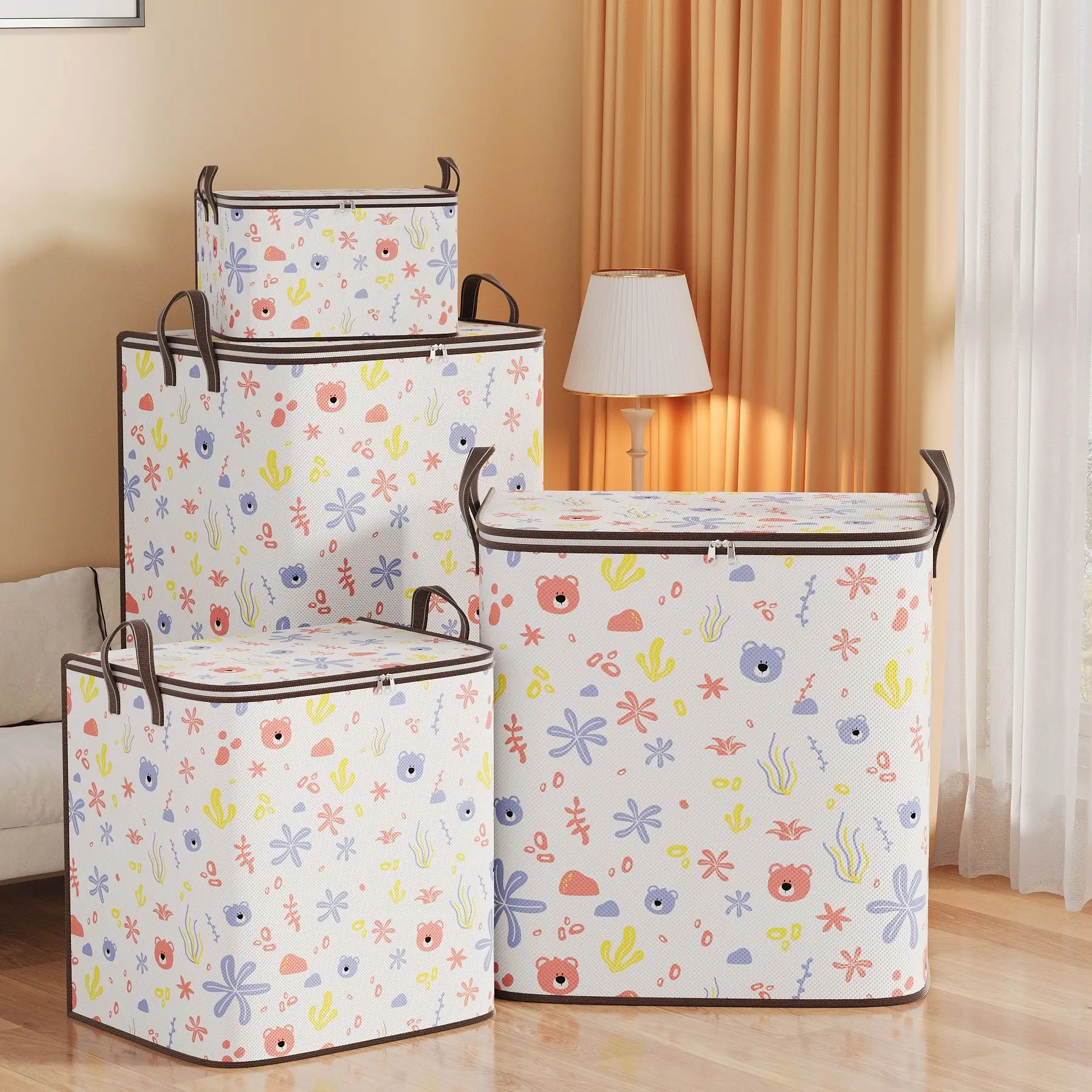 A thickened cartoon bear-themed storage bag moving packing box, available in multiple sizes with extra-large capacity, foldable,