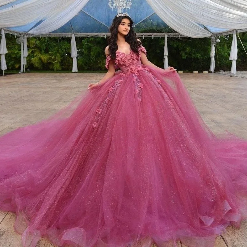 

Роскошное платье Quinceanera по индивидуальному заказу, 2025 г., милое платье с открытыми плечами и аппликацией, длинный шлейф, милое платье для дня рождения 15-16 лет