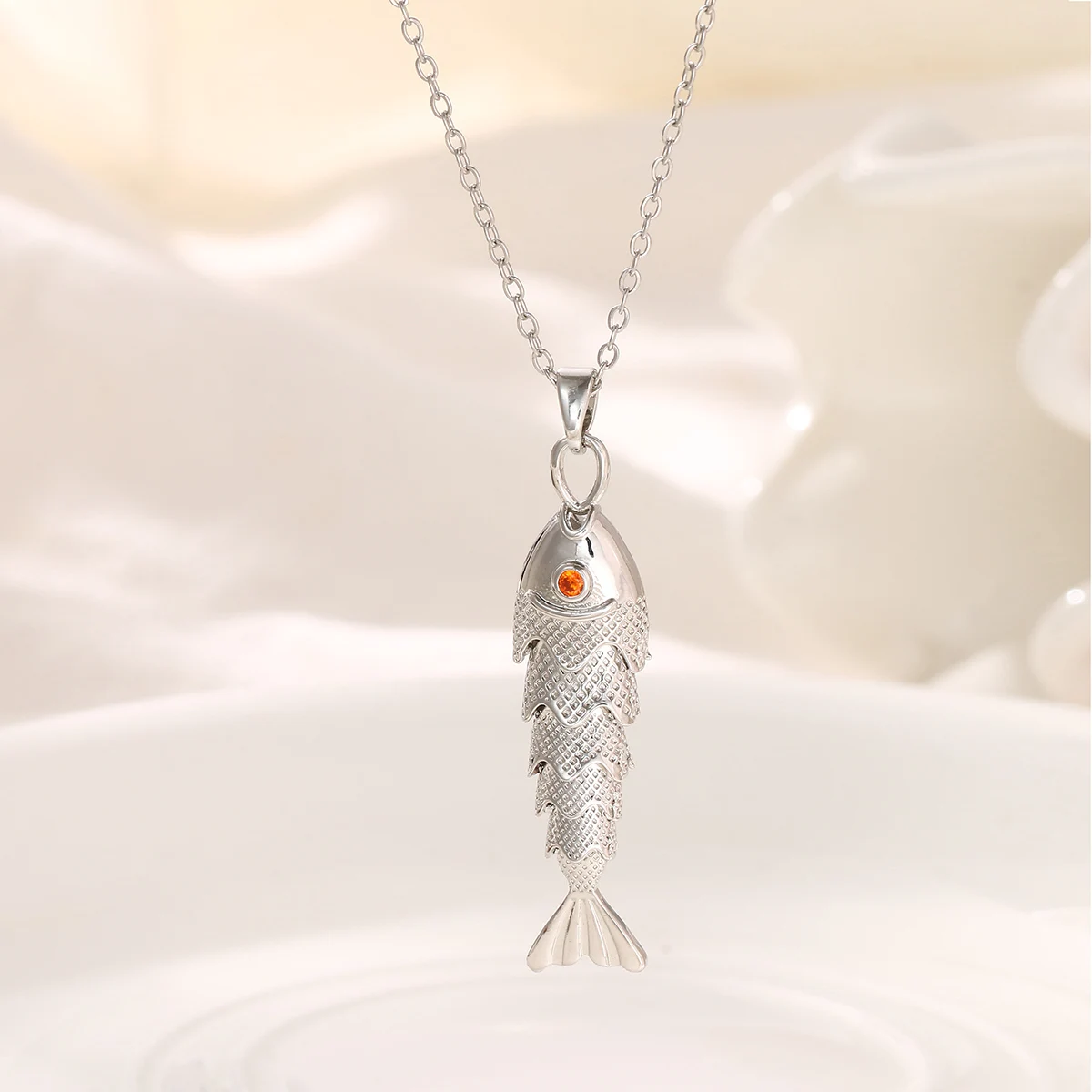 Retro Lively Fish Necklace for Women European American Style Stainless Steel Silver Color Marine Life Collarbone Chain Pendant