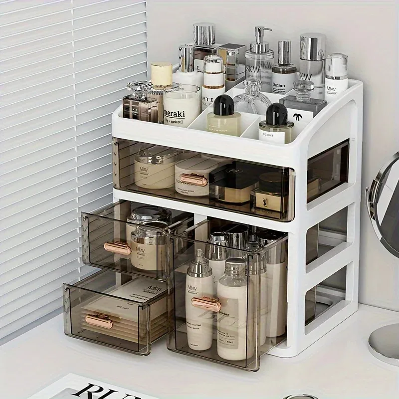 

A cosmetic storage box with drawers, a large capacity dust-proof skincare display rack, and countertop organizer