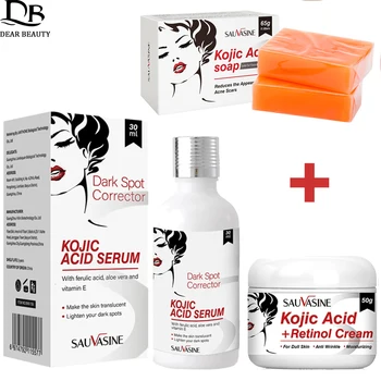 Conjunto de cuidados com a pele com ácido kójico, creme facial anti-envelhecimento, remoção de rugas, soro facial, limpeza profunda, brilho, hidratação, sabonete de ácido kójico