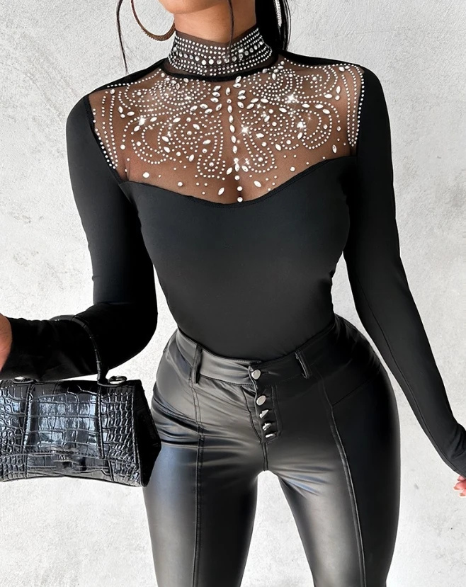 Women's Fashion Top 2024 Summer Autumn Latest Casual Rhinestone Decor Contrast Mesh Long Sleeve T-Shirt Mock Neck Skinny Blouses