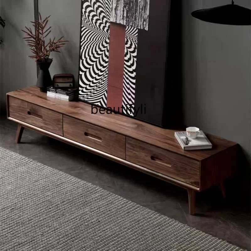 

R1 North America Black Walnut Wooden TV Cabinet Nordic Full Solid Wood Cabinet Italian Minimalist Floor Cabinet Simple