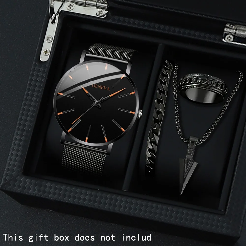 

4pcs/set Men's Watch Set Quartz Watch PU Leather 1pc Watch 1pc Arrowhead Necklace 1pc Bracelet 1pc Ring Gift