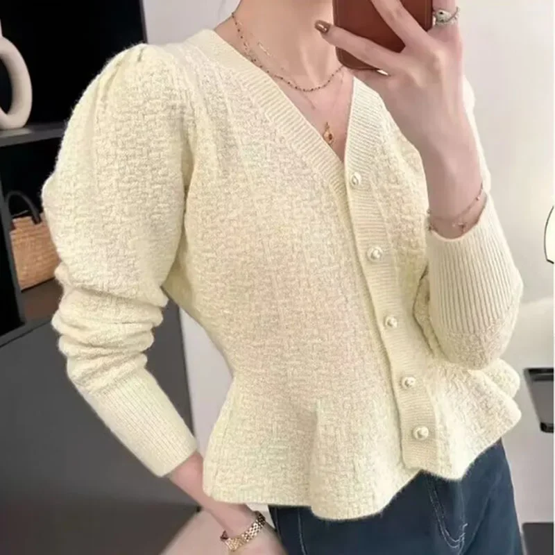 Women\'s Knitted Cardigan Korean Fashion Waistline Fishtail Knitted Top Single-breasted V-neck Sweater Jacket 2024 Autumn Winter