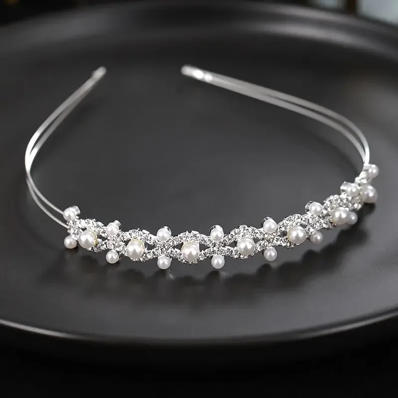 

Female Silver Color Headbands Pearl Hairbands Tiaras Beads Crowns Wedding Party Prom Hair Accessories Girls Head Jewelry