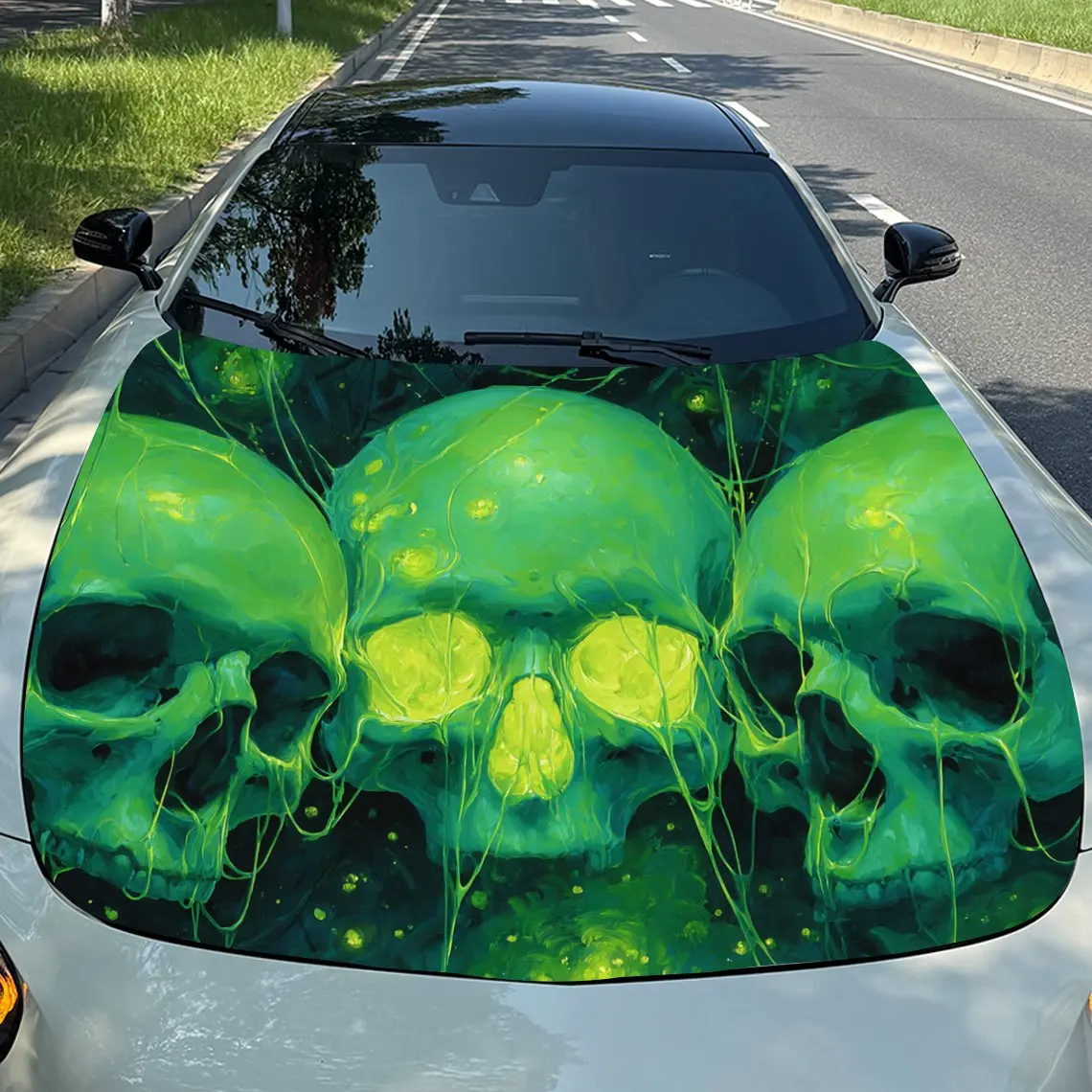 Three Eerie Green Skulls Car Hood Decal Sticker - Durable Vinyl Wrap For Cars, Trucks, SUVs - Weather-Resistant Protective Film,