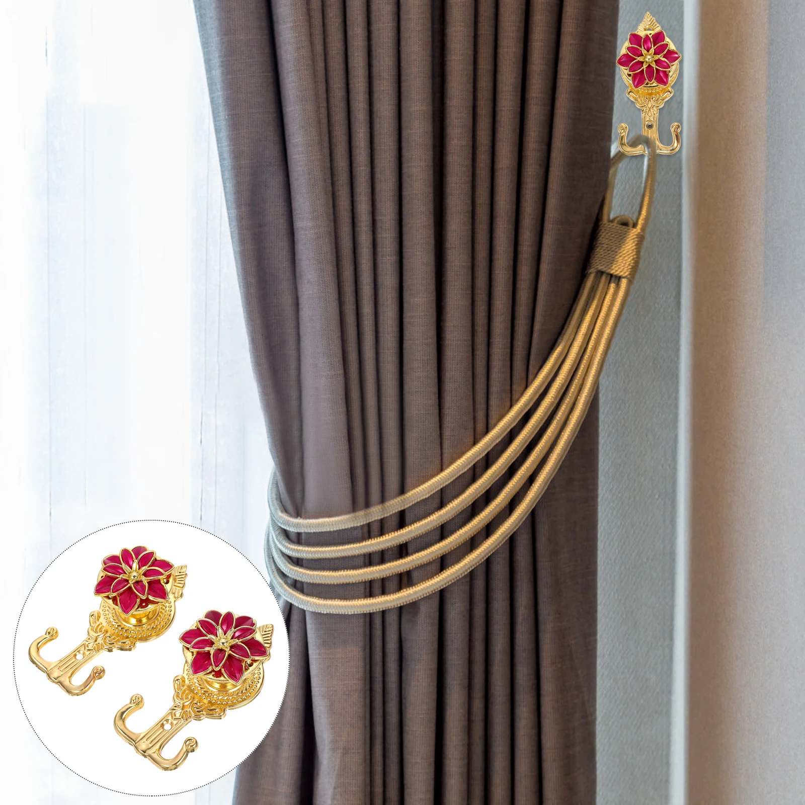 

2Pcs European Style Curtain Hooks Lotus Design Wall Mounted Decorative Tiebacks for Curtains Clothes Hats Bags Towels