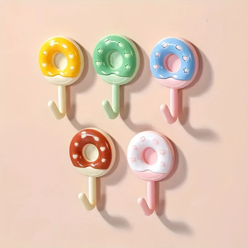 Cute Donut Shape Self Adhesive Wall Hooks, No Drill Cartoon Decorative Towel Key Hooks, Colorful Pastel Plastic Punch-Free Hanging Hooks for Bathroom Kitchen Entryway Wholesale