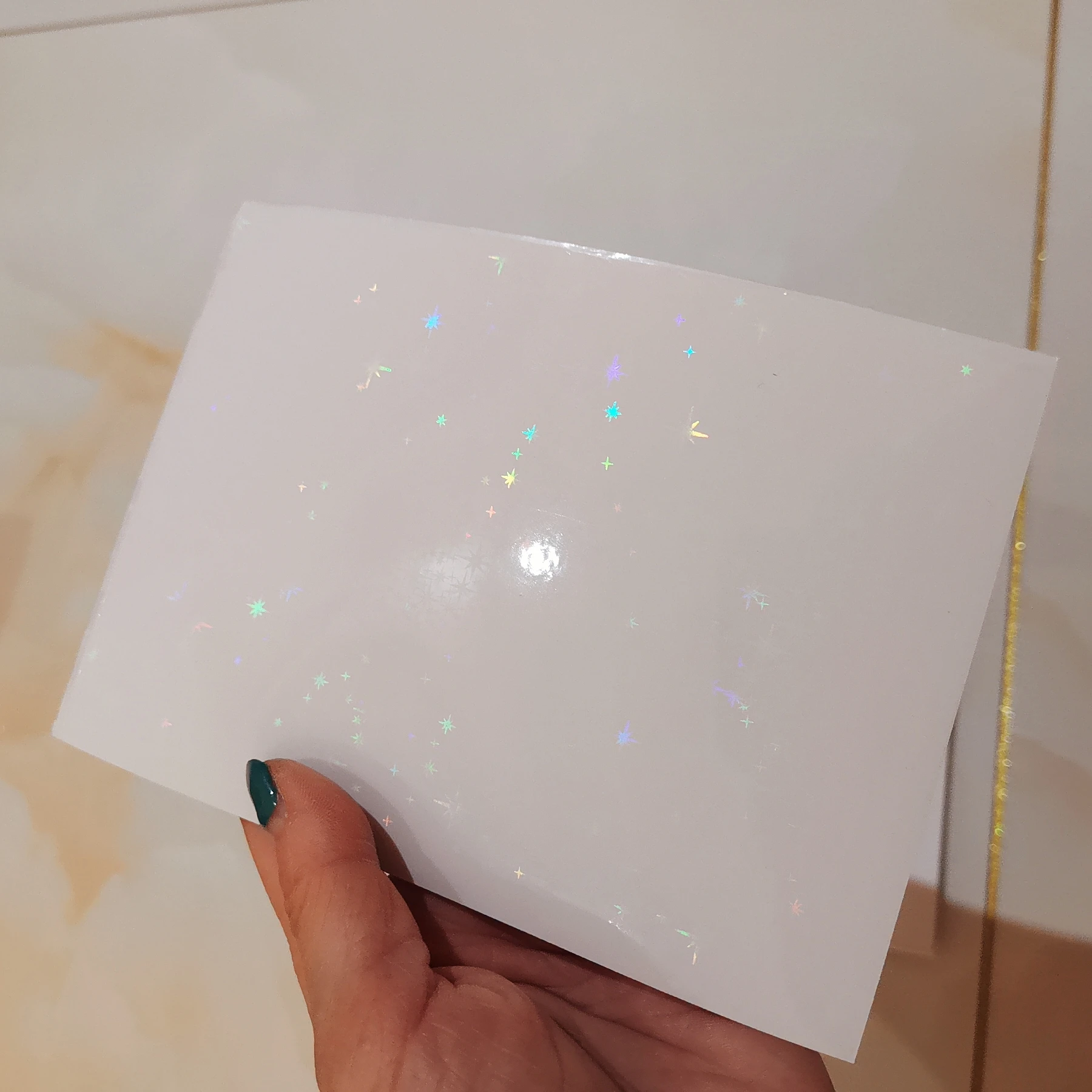 

Holographic Small Five Stars Adhesive Tape Back Cold Laminating On Paper Plastic 100 Sheets 110 X 150 MM DIY Package Color Card